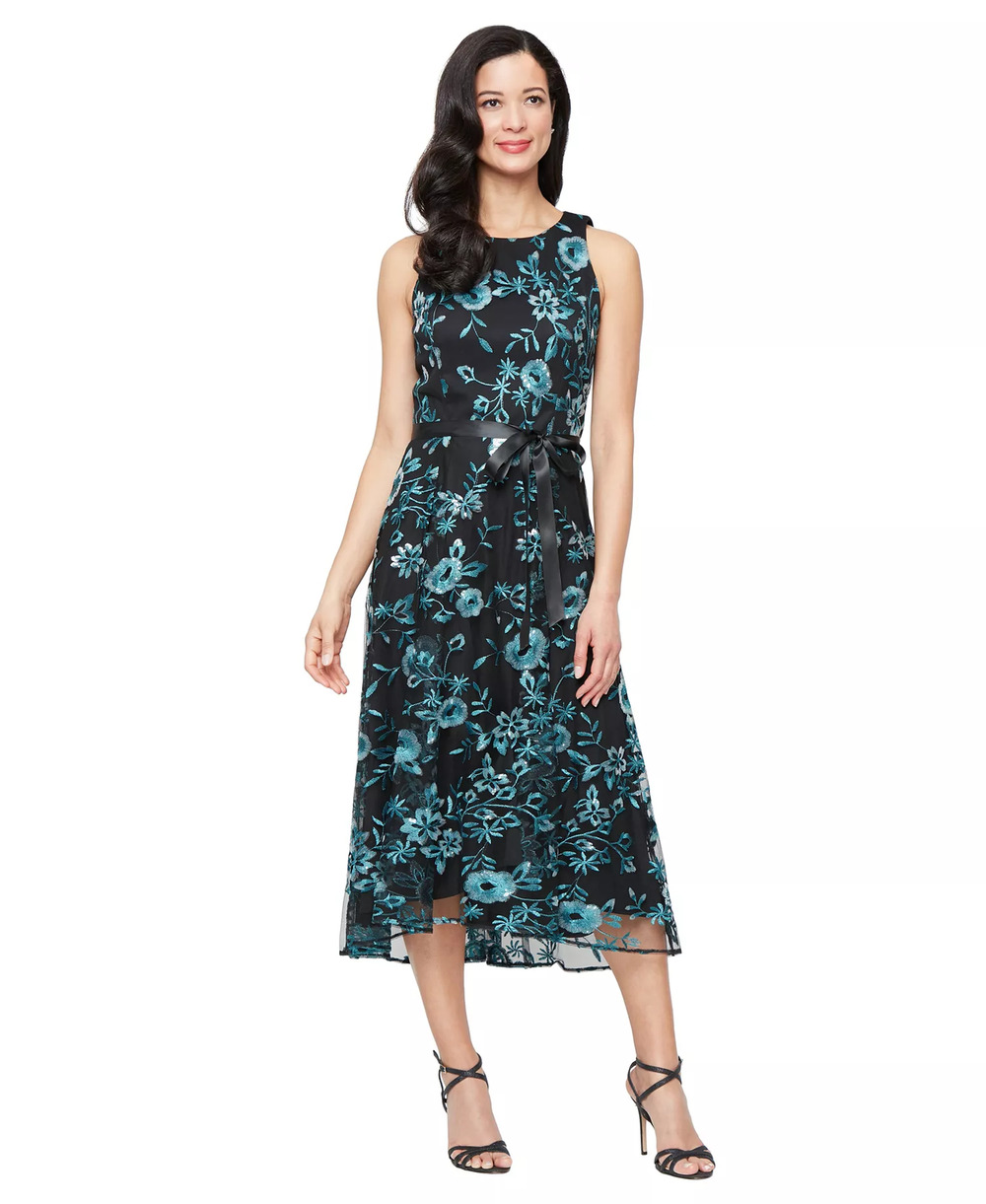 NEW Alex Evenings Midi Dress Teal Black Sequin Floral Tulle Embroidered 14